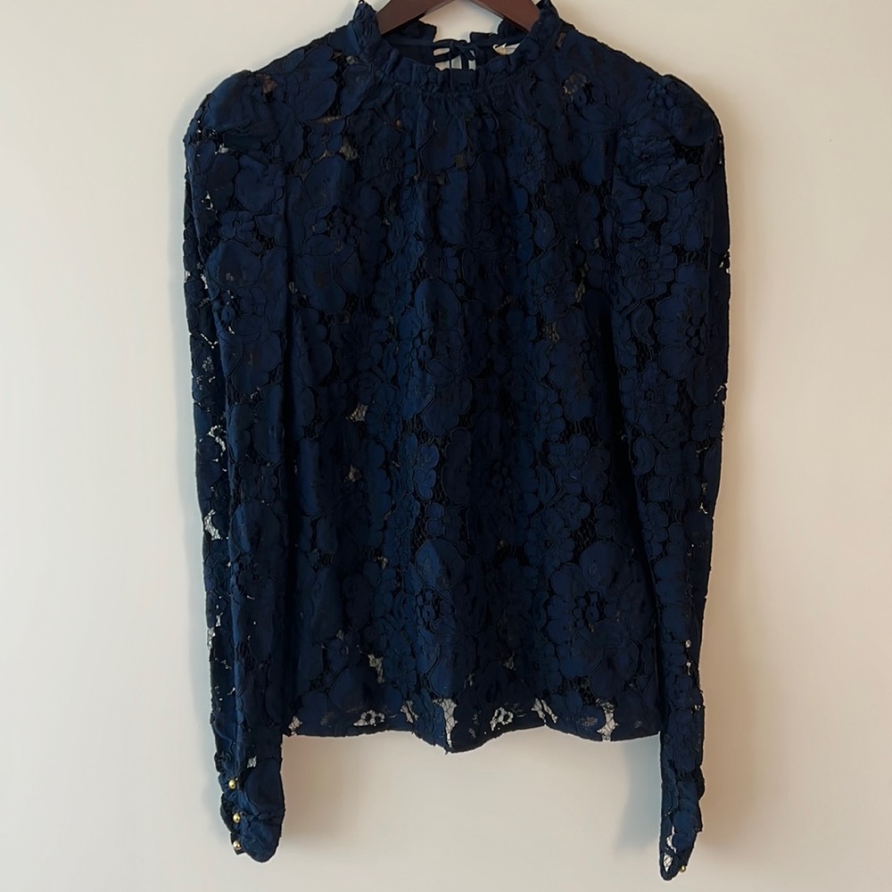 WAYF Emma Puff Shoulder Long Sleeve Lace Shirt in Navy Blue